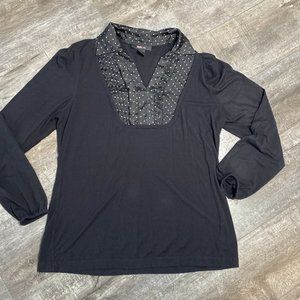 Women's Style & Co Black Size XL Long Sleeve Peekaboo Polka Dot Collared Blouse